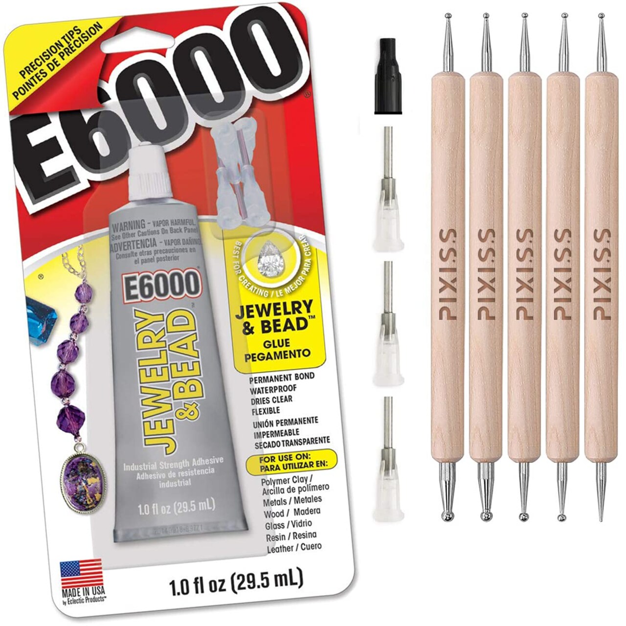 E6000 Jewelry Bead Adhesive Glue for Jewelry Making and Pixiss Art Dotting Stylus